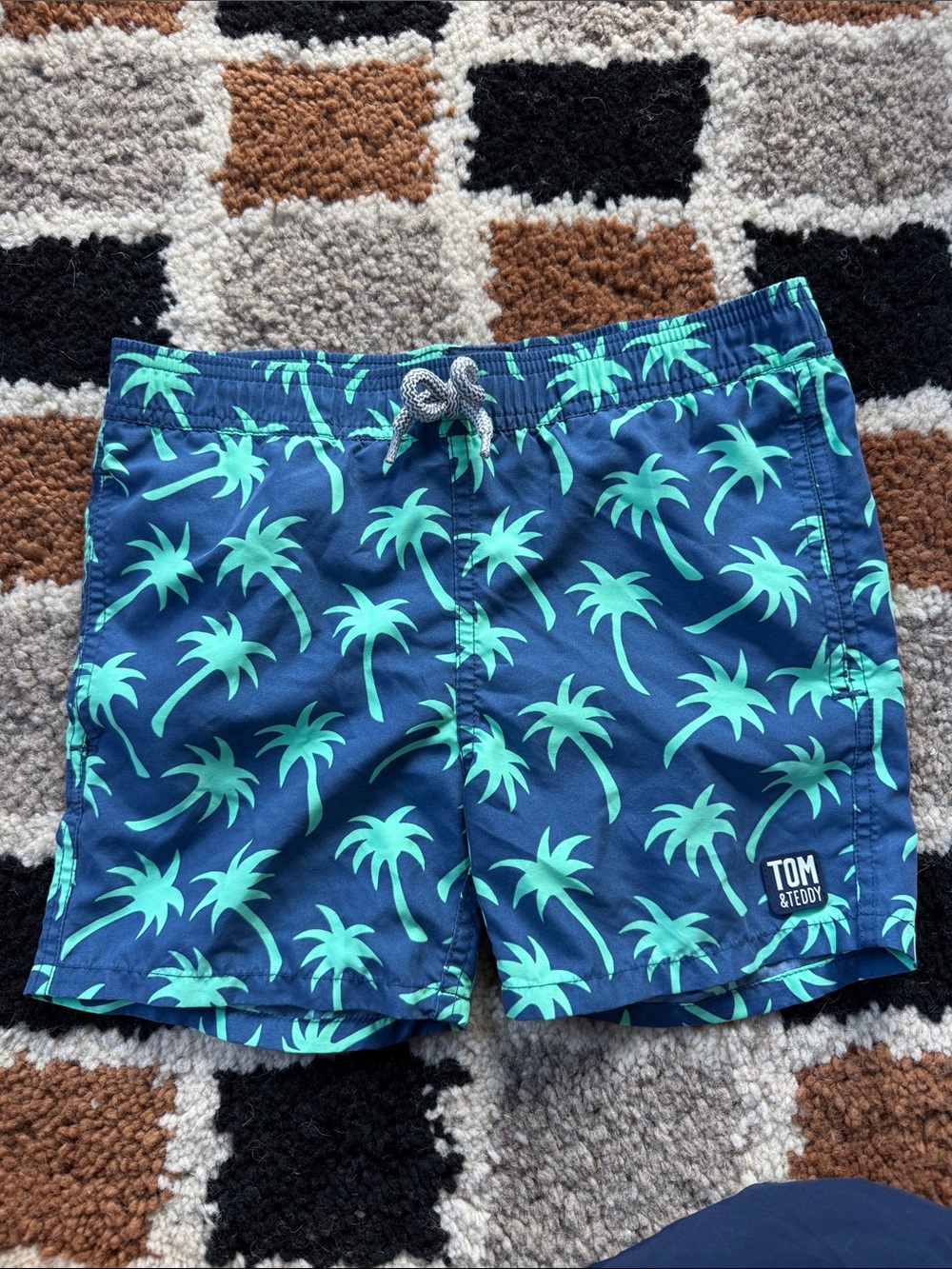 Tom & Teddy Navy Swim Shorts with Mint Palm Pattern